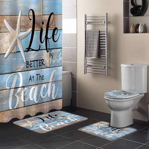 Blue Beach Bathroom Set with Shower Curtain and Rug Accessories - 36x72 Inches Long Coastal Starfish Graffiti Retro Wooden Plank Stall Curtain Waterproof with Large Bath Mat,Washable Runner Rug Set