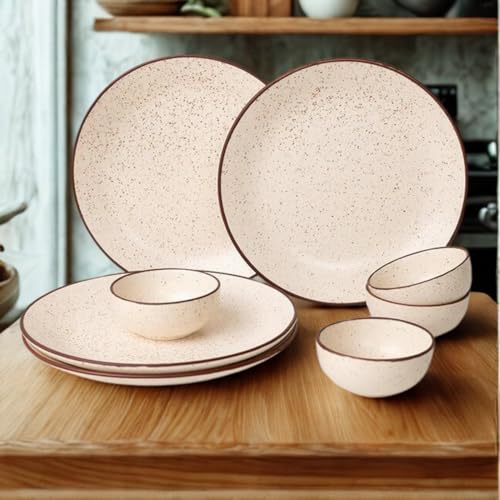 Image of Freakway Rustic Speckled Ceramic Dinner Set - 6 Pc (2 Plates, 4 Bowls) - Beige with Brown Rim