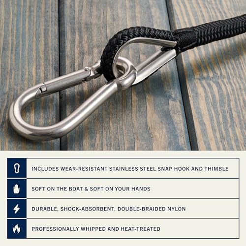 Image of RainierSupplyCo Boat Anchor Rope - Double Braided Marine Rope Anchor Line - 50 ft x 1 /4 Inch Nylon Boating Line with 316 Stainless Steel Thimble and Heavy Duty Marine Grade Snap Hook - Black