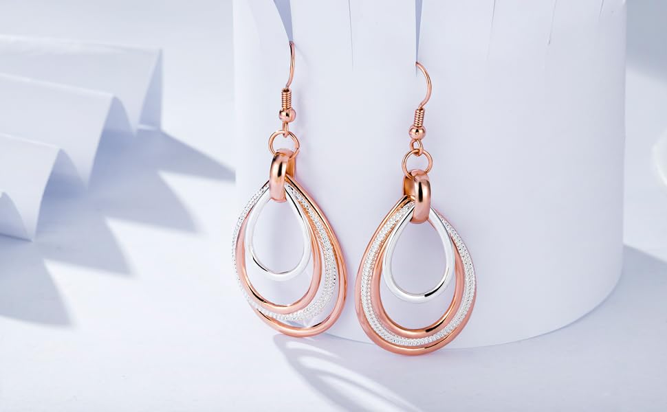Kemstone Rose Gold & Silver Layered Dangle Earrings for Women – Lightweight Chandelier Teardrop Earrings – Hypoallergenic Fashion Jewelry Gift3
