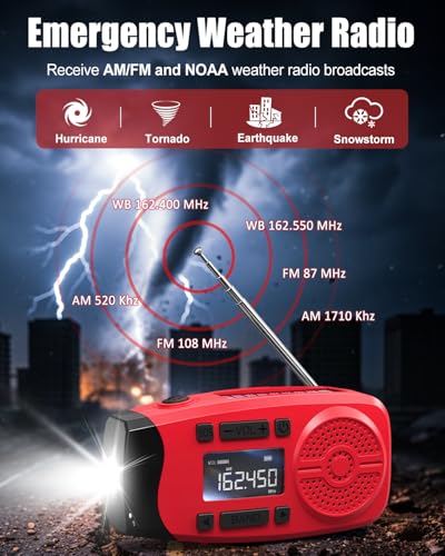 Image of Runningsnail Emergency Weather Radio, 7400mWh Hand Crank Emergency Radio with LCD Display, Support Weather Alert Radio, USB /Solar /Hand Crank, 1W Flashlight & SOS Alarm for Outdoor & Home Emergency