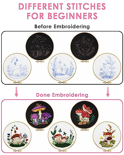 Image of Embroidery Kit for Adult, 5 Sets Mushroom Embroidery Kit for Beginners | Include Embroidery Cloth Hoops Threads for Craft Lover Hand Stitch with Embroidery Skill Techniques