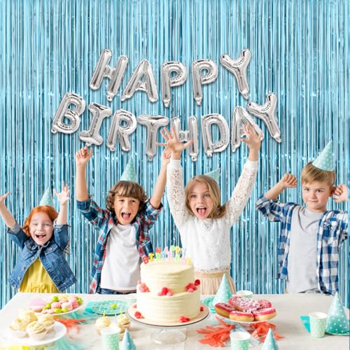 Image of Light Blue Tinsel Backdrop Curtains - Thicken 2 Pack 3.2 x 8.2 FT - Blue Streamers for Birthday, Frozen, Under the Sea, Pool, Beach, Ocean Themed Party Decorations