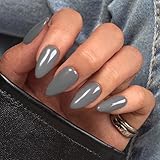 SXVME Gray Press On Nails Almond - Acrylic Press On Nails Medium Stiletto, Opaque Solid Grey Fake Nails with Glue, Fit Perfectly, Reusable Soft Gel Stick on Nails for Women, 24 Pcs