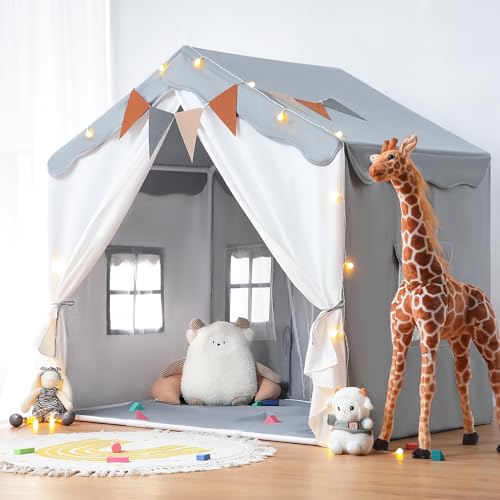 besrey Tienda de Campaña Infantil 2 en1 con Alfombra Acolchada, Luces y Banderas, Casita Infantil Tela de Juegos con 2 Puertas y 4 Ventanas, Cabañas para Niños (Gris)