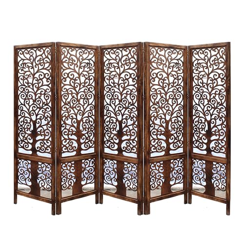 Image of Artesia Wooden Handcrafted 5 Panel Room Divider Without Stand Partition for Living Room | Foldable Privacy Screen with Tree of Life Carved Design | Decorative Partition Wall Panel for Home, Bedroom