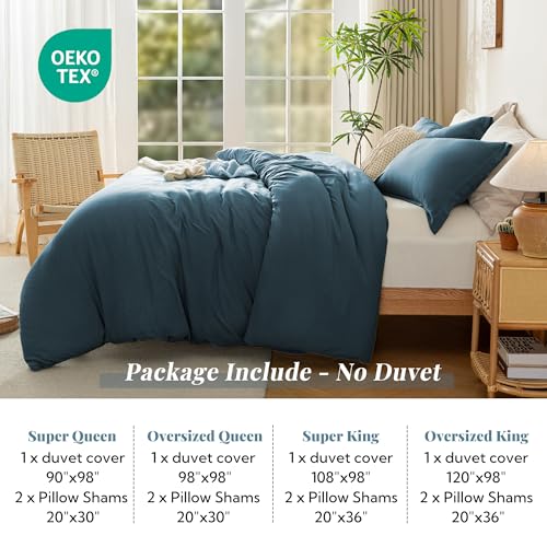 Image of MILDLY Duvet Cover 120 inchx98 inch Ultra Soft Bedding Set 3pcs, Peacock Blue | Washed Microfiber Cotton-Like, Breathable Comfort, Hidden Zipper, 8 Corner Ties, OEKO-TEX Certified, Fade Resistant