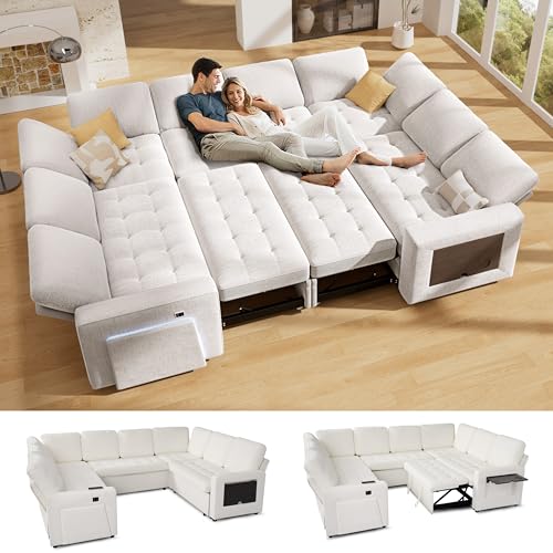 Vipbear Modular Sectional Sleeper Sofa with Pull Out Bed/Reclining Backrest/USB Ports/Table/LED Light/Storage Seat, 8 Seat Large U Shaped Sectional Couch, Tool-Free Assembly, Chenille Beige