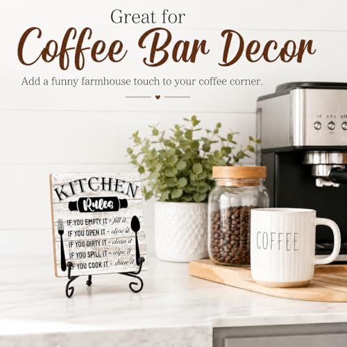 Image of Rustic Wood Plaque with Stand - Kitchen Decor - Kitchen Rules Wood Sign - Idea Wooden Decor for Home Living Room Dining Room Shelf Table Decoration (31)