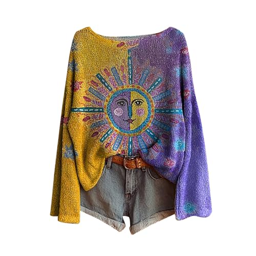 Womens Boho Sweaters Oversized Long Sleeve Knitted Pullover Tops Fall Casual Loose Tunic Shirts Print Floral Blouse Plus Size Ladies Clothing Cute Graphic Sweater Vintage Baggy Outfits Vacation Yellow