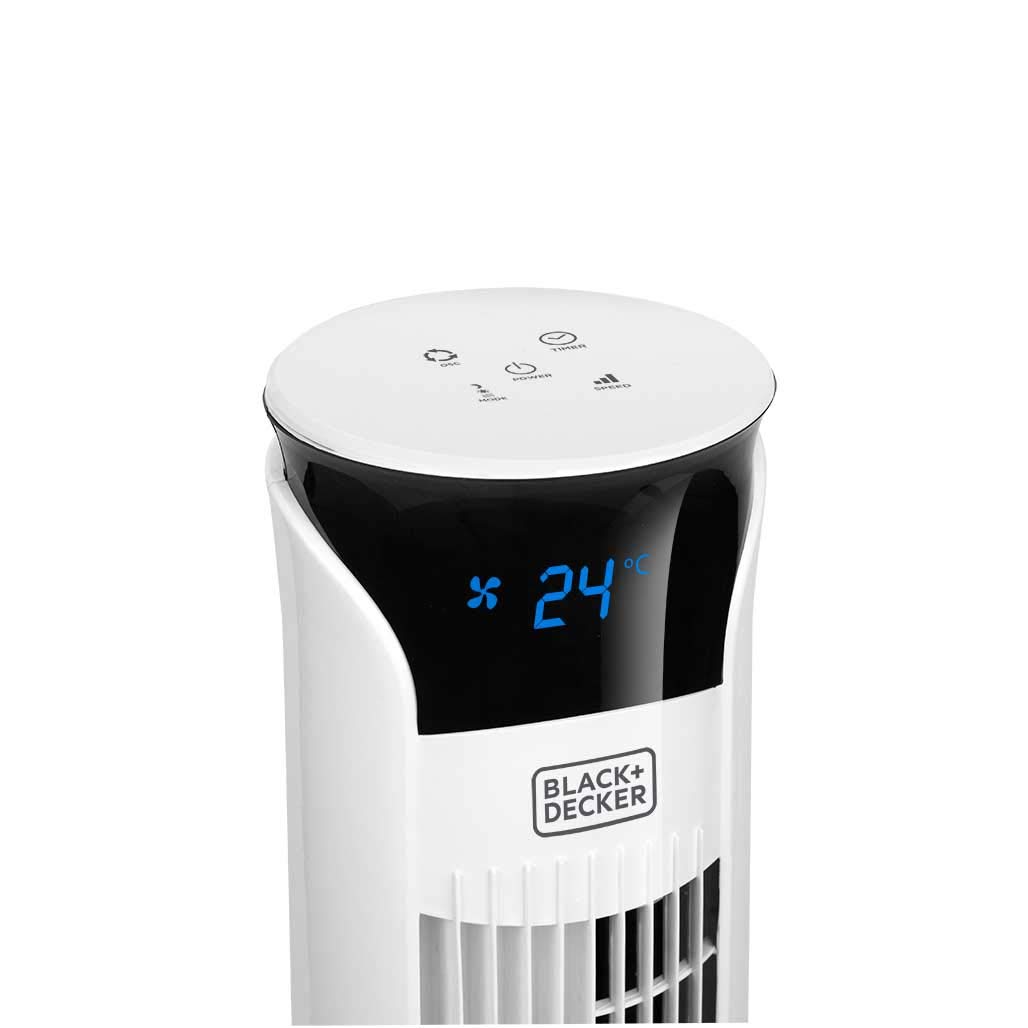 Black+Decker BXEFT49E Cyfrowy wentylator wieżowy z bardzo wysokim 102 cm i cichym pilotem, 3 prędkości, timer 12h, temperatura otoczenia, biały