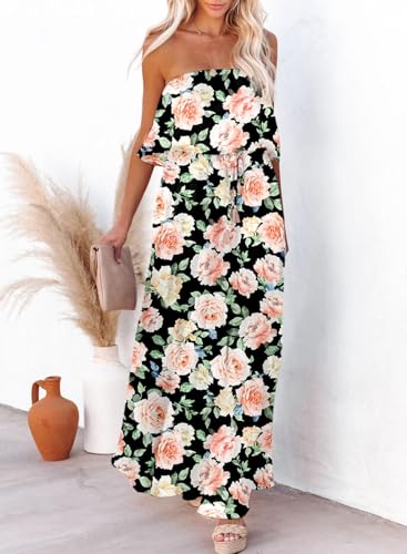 Image of Dokotoo Womens Strapless Dresses Casual Side Split Flowy Boho Maxi Dress | High Waist,Off The Shoulder,Wedding Guest,Bohemian,Beach Vacation Clothes,Floral Print,Sundresses,Casual
