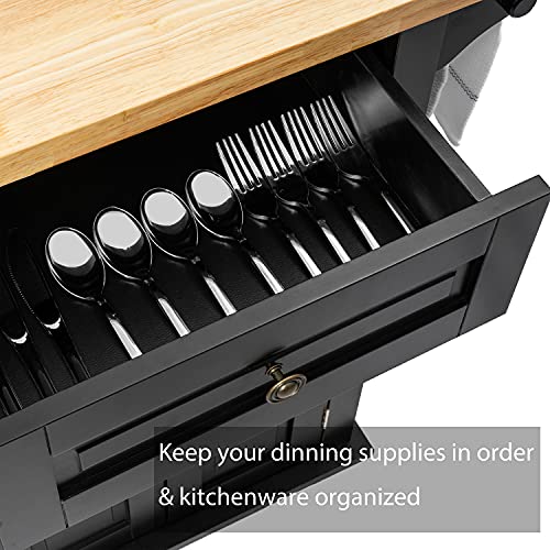 Mavalous Island Table for Kitchen, Kitchen Island with Rubber Wood Countertop, Drawers, Spice Rack, Towel Rack, Black Rolling Island Storage for Dinning Room