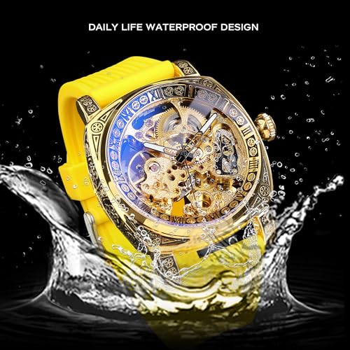 Image of FORSINING Fancy Watches for Men, Square Retro Mechanical Watch Self-Wind Carved, Gear Movement Golden Skeleton Automatic Watches Vintage Leather Strap Wrist Watch
