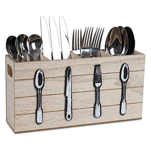 WPAJIRZO Premium Flatware Organizer Caddy,Kitchen Utensil Holder 4 Compartments with Handle Natural Wooden Cutlery Organiser Stand for Spoon Knife Fork Spatula Indoor Outdoor Picnic Party (Wood) Cover