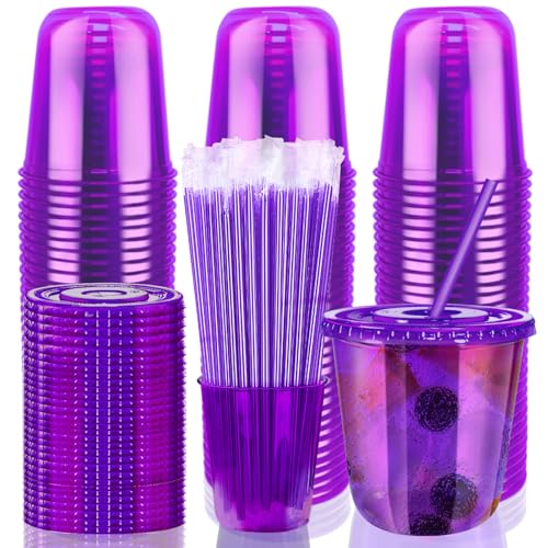 12oz Disposable Stemless Glasses with Flat Lids and Straws,PET Disposable Drinking Cups,Clear Plastic Wine Glasses for Parties Birthday,Wedding,Meeting,Christmas Party Supplies. (50, Purple)