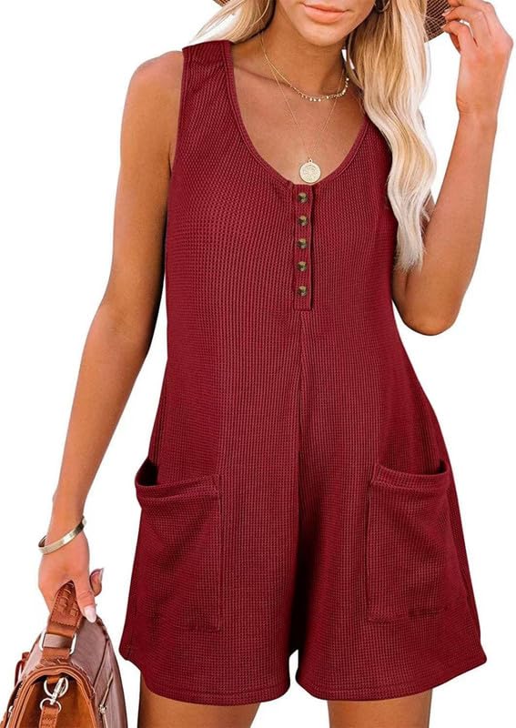 Sukiglam Mono Mujer Verano Sin Mangas Cuello en V Jumpsuit Corto Casual Sueltos Jumpsuit Petos Elegante Pierna Ancha Monos Tapeta de Botones Una Pieza Monos Pantalon con Bolsillos Playa Playsuit