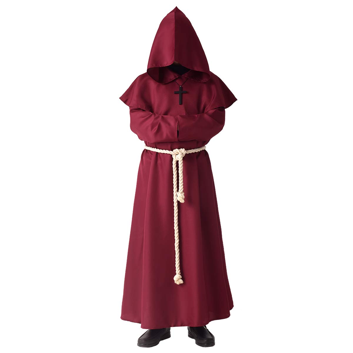 BLESSUME Monk Costume Medieval Robe Priest Hooded Renaissance Friar Cowl Outfit (L,Red)