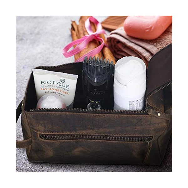 KomalC Original Buffalo Leder Unisex Kulturbeutel Travel Dopp Kit (Distressed Tan) – Bild 10