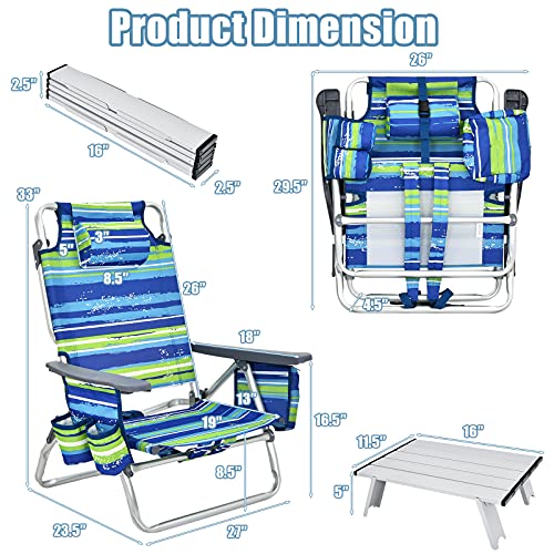 Image of Giantex Folding Beach Chair, Patio Sling Chairs with 5 Adjustable Position, Head Pillow, Storage Bag, Towel Bar, Cup Holders, Backpack Chairs for Sunbathing, Camping Chair