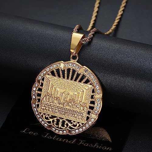NEGS 18K Gold Plated Lord's Supper Pendant Stainless Steel Necklace For Men Women, The Last Supper Jesus with His Disciples 24 Inch Rope Chain Christian Prayer Jewelry Gift2
