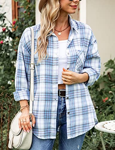 Wanzetaly Womens Casual Oversized Flannel Plaid Button Down Long Sleeve Shirts Fashion Blouse Tops with Pocket4