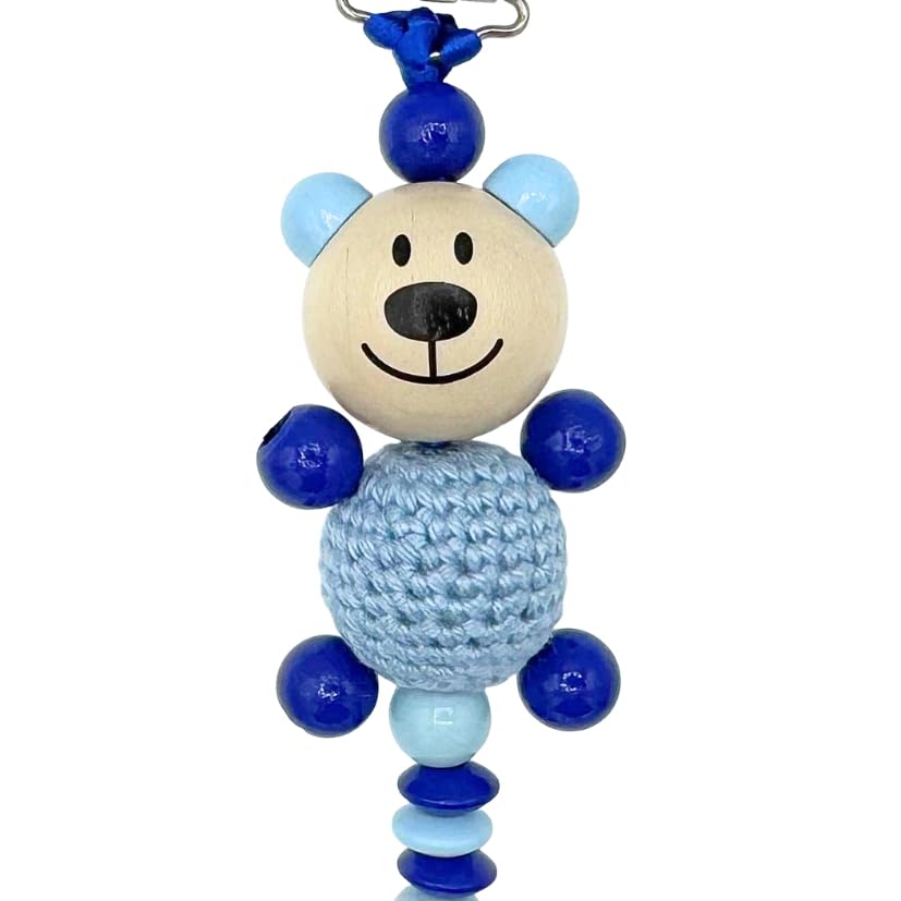 Set Nuckelkette + Kinderwagenkette mit Namen " 3D - BÄR MIT HÄKELKÖRPER " Babyblau Dunkelblau/Baby/Unisex/Personalisiert/HANDMADE