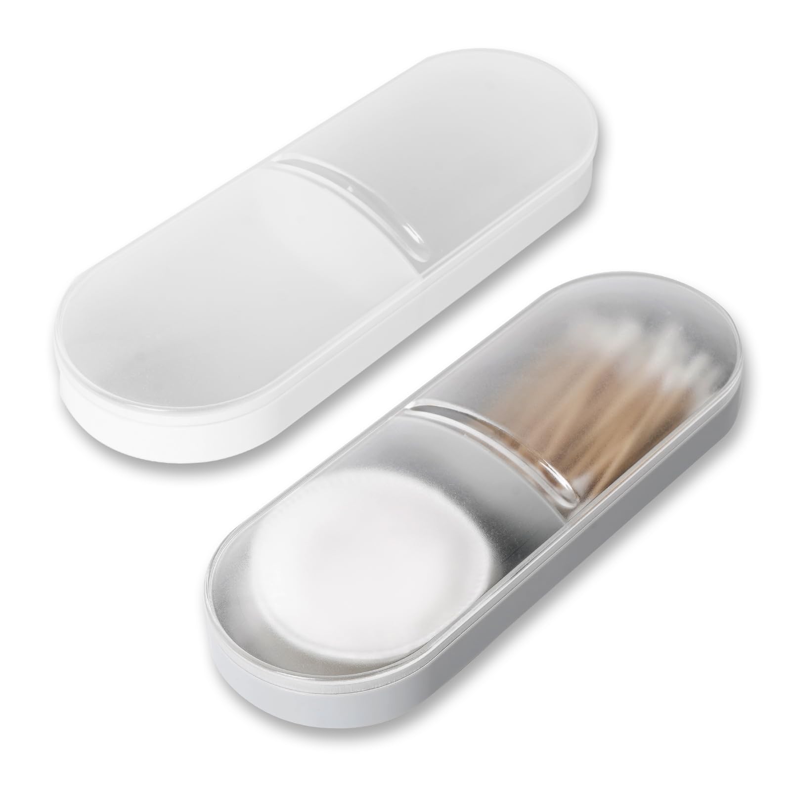 Adorila 2 Pack Travel Cotton Swab Qtip Holder,Plastic Container Dispenser Box with 2 Silicone Rubber Bands, Portable Cotton Swab Makeup Pads Storage Box with Lid (White, Grey)