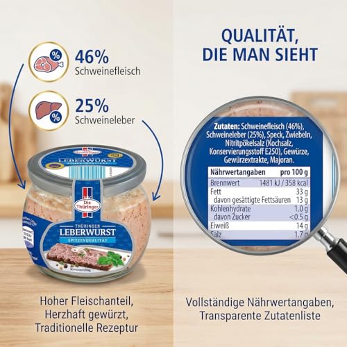 Die Thüringer Leberwurst 130 g – Original Thüringer Rezeptur | Fein-würzige Streichwurst im Glas | DLG Gold prämiert 2016 | Handwerkliche Qualität aus Thüringen