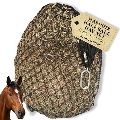 hay chix Half Bale Slow Feed Hay Net for Horses | Hay Bag Holds 46 Flakes | 1 3/4 Holes | Built to Last Marine-Grade UV-Treated Nylon | Easy to Fill Horse Hay Feeder for Stall Trailer or Fence
