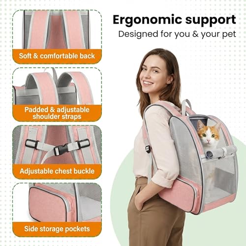 Image of MAK7 Cat Bag Carrier Backpack for Dogs& Kittens | Breathable Mesh Design, Lightweight Travel Bag for Small Pets | Wide Strap, Foldable | Cat Carrier, Dog | Heavybase Pad| Summer Pink