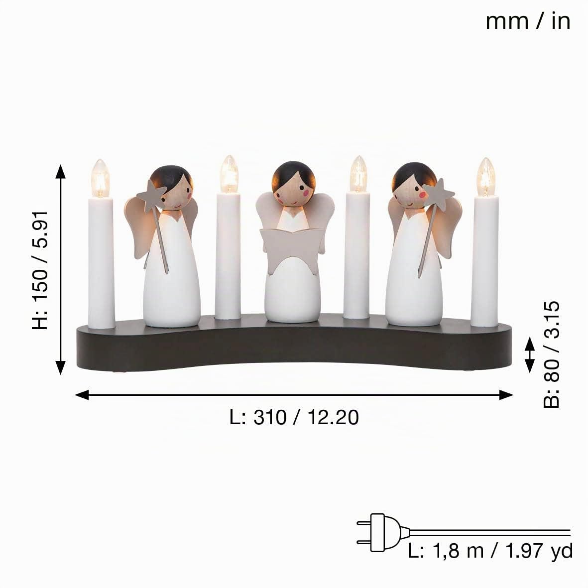 Weihnachtsdeko Angel Choir von Star Trading, Kerzenständer mit 4 Glühbirnen E10 warmweiß, Weihnachtsfigur, Engel aus Holz, Kabelschalter, Länge: 31 cm