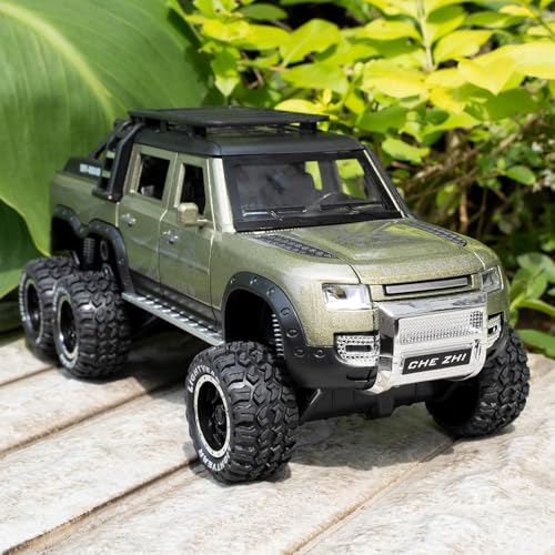 Image of 1:24 Land Rover Defender Six Wheels Off-Road Pickup Car Model, Pull Back Diecast Truck Collectible with Sounds & Lights, Gift for Kids, Boys, Girls, and Adults (Green)
