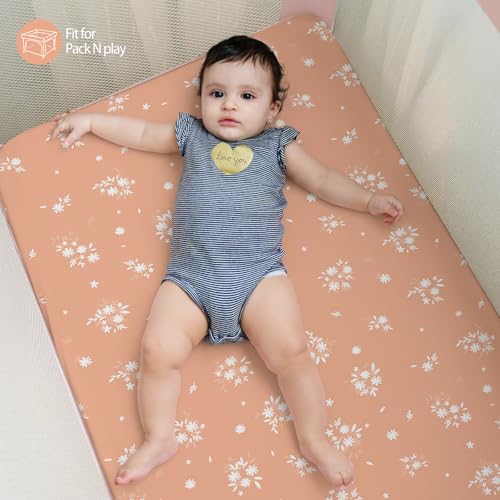 Image of Baby Mini Crib Sheets Girl, Portable 38 inchx26 inch Pack and Play Sheets Fitted for Playard and Pack N Play Mattress, 3-Pack Soft Microfiber Orange Watercolor Flower