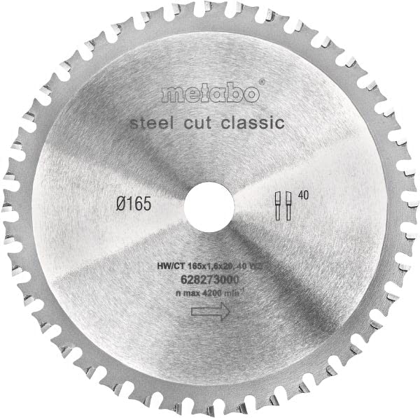 metabo Kreissägeblatt 165 x 20 mm Z40 - Sägeblatt für Stahl und Sandwichplatten, präziser Kaltschnitt in Metall, vibrationsarmer Schnitt dank dünnem Stammblatt, gratarm für Bleche und Stahlprofile