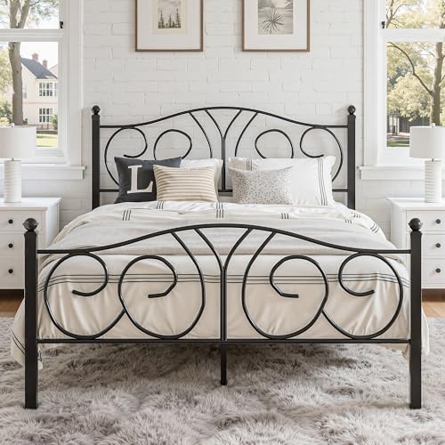 VECELO 4ft6 Double Bed Frame with Headboard & Footboard, 135×190 cm Metal Platform Mattress Foundation, Heavy Duty Slats Support, No Box Spring Needed