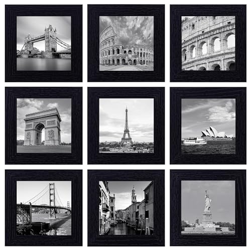 Eletecpro 4X4 Picture Frames Set Of 9 Classic Gallery Wall Frame Set Displays 4X4 Photo Without Mat Square Picture Frames Collage Wall Decor, Black Modern Home Decor For Hanging