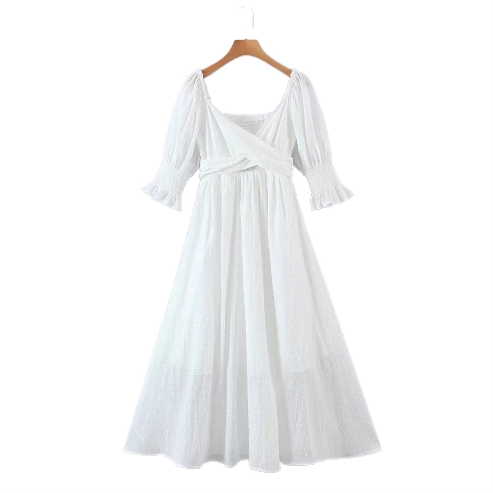 HOPEYS Women's Dress Solid color early spring short sleeve square neck multi tie dress (Size : L)