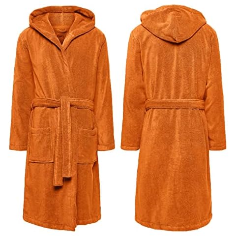 MEN AND WOMEN UNISEX BATH ROBES HOODED STYLE 100% COTTON TERRY TOWELLING BATH ROBE FREE SIZE LARGE PREMIUM QUALITY FAST ABSORBENT (Orange) Cover