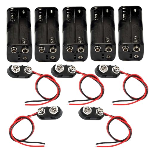 JWISLAND 5-Set 4 x 1.5V (6V) AA Battery Holder with 5 Pcs I Type Battery Snap Connector Kit Thicken Plastic Two Layers Battery Case Box