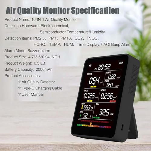 Image of 16-in-1 Indoor Air Quality Monitor, High-Precision Multi-Parameter Smart Air Quality Tester with HD Real-Time Color Screen, Portable Air Quality Monitor for Home, Office, Cars, School, Bedroom