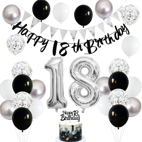 Image of 18th Birthday Decorations for Boys, Black Happy 18th Birthday Banner with Black Silver 18th Balloons 18 Cake Topper Decor Number 18 Balloon for Girls 18 Year Old Party Decoration