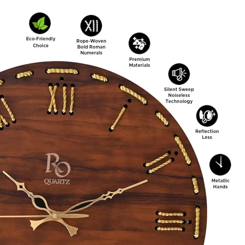 Image of Wooden Round Shape Roman Dial Wall Clock with Golden Hand & Golden Zari Rope Detailing | Stylish Silent Quartz Movement Anti Reflection Analog Vintage Clock for Home (Brown, 15.5 Inch)