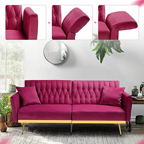 Acmease 70” Velvet Futon Sofa Bed With 2 Pillows And Adjustable Armrests, Convertible Sleeper Bed, Modern Loveseat For Living Room, Bedroom, Fuchsia #TOP1