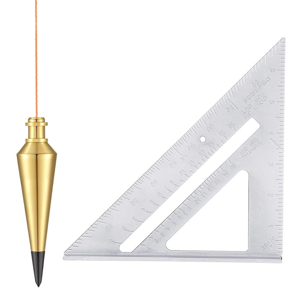 Jnchdghwa As Shown Aluminum Alloy 8 Ounce Plumb Bob And 7 Inch Rafter Square Combo, Carpentry Tool, Protractor, Angle Finder