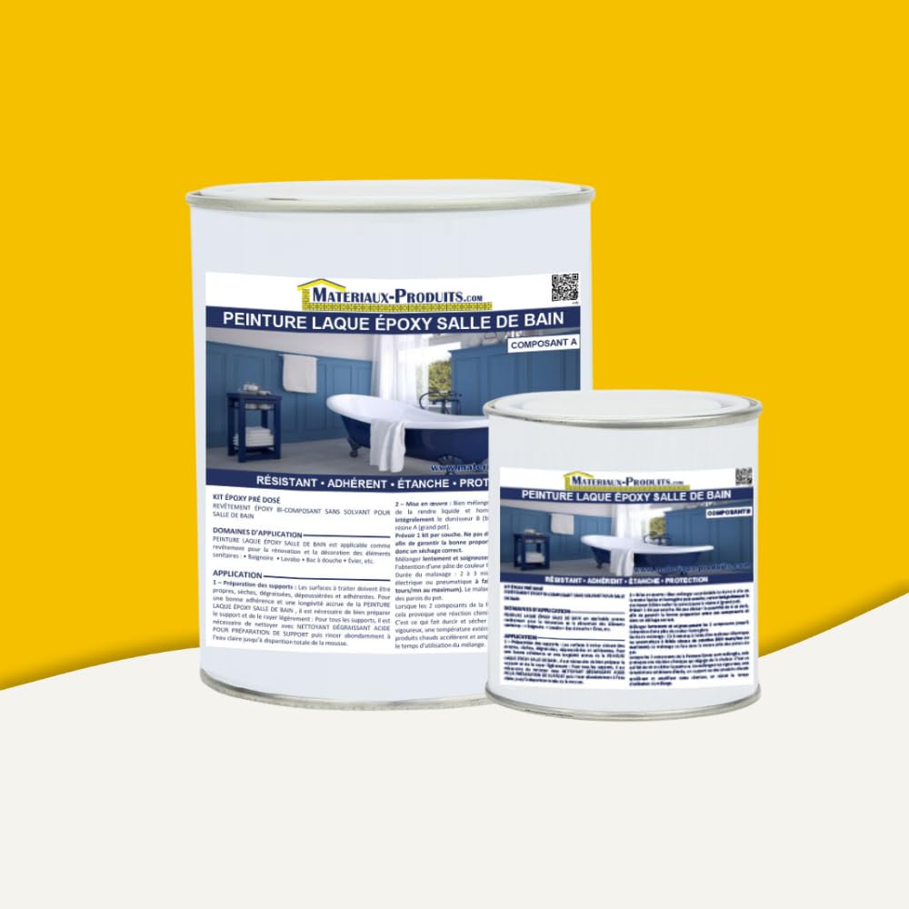 MATPRO - Peinture Laque Epoxy Salle de Bain - Sans Solvant, Auto-Lissant - Répare & Rénove Baignoire, Lavabo, Évier, Plan de Travail - Aspect Jaune - 1Kg