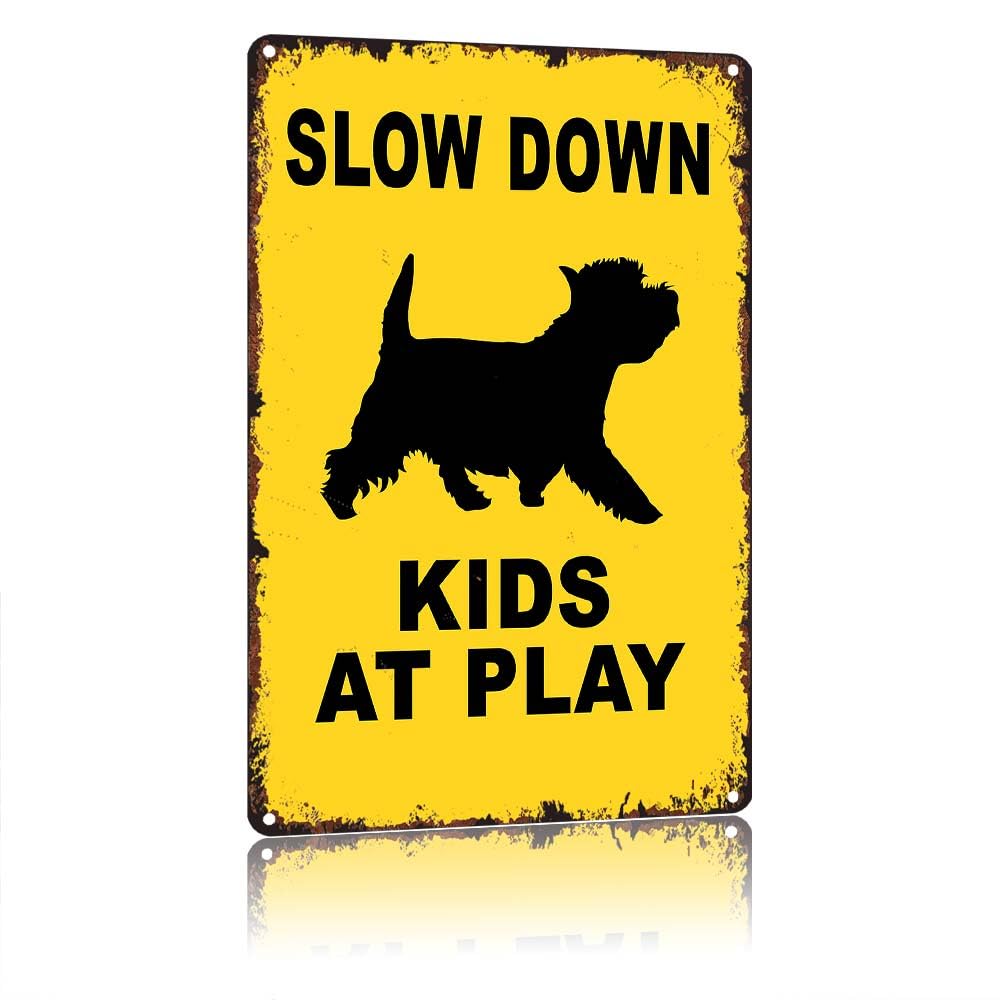 peiyeety Slow Down Kids And Dog At Play Retro Funny Warning Metal Sign, 12X8in Vintage Aluminum Wall Decor, For Yard Driveway Neighborhood Outdoor Street Home Decoration