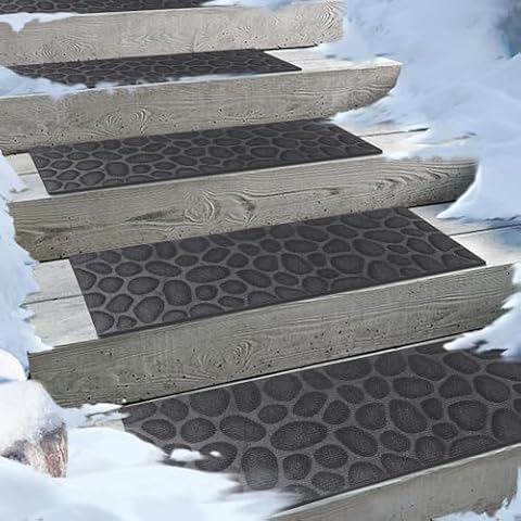 Aucuda 6pcs 8.5" x 30" Stair Treads for Elders and Dogs on Wooden Steps Indoor, Winter, Non Slip Stair Runner Rug Ice Insulation with Rubber Backing, Gray Stone Staircase Mat Carpet for Outdoor Grip. Cover