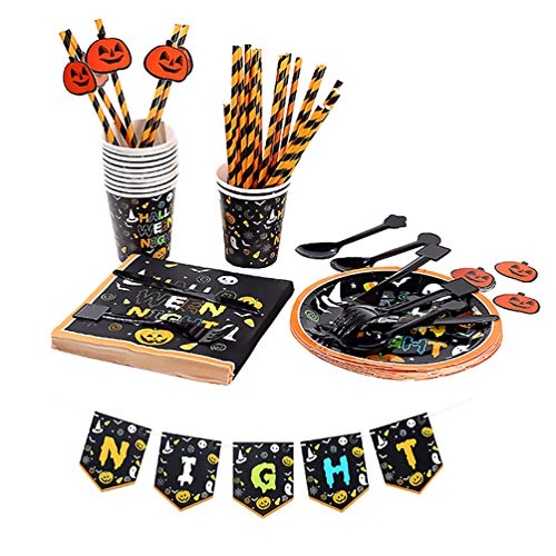 NUOBESTY Feestservies Voor Halloween | Inclusief Bord Kartonnen Beker Papieren Handdoek Zwarte Lepel Vork Banner Rietje… - Image 4