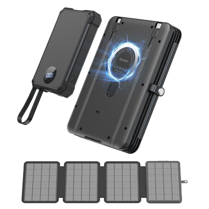 SOLUPUP Solar Charger Power Bank 10000mAh with 5-Port Fast Charging 4 Foldable Panels, Wireless...